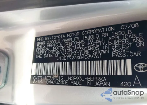 2008 Toyota Yaris из США, поврежденный, VIN JTDBT923X84039761